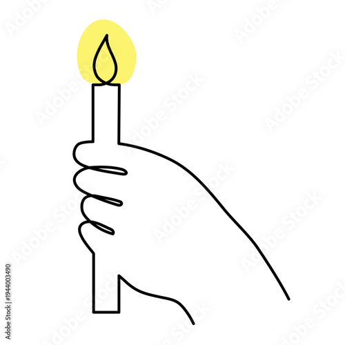 Hand holding burning candle one line art line, hand drawn human palms with flame memorial memory continuous contour, blackout time candlelight for power outage romantic dinner. Editable stroke.