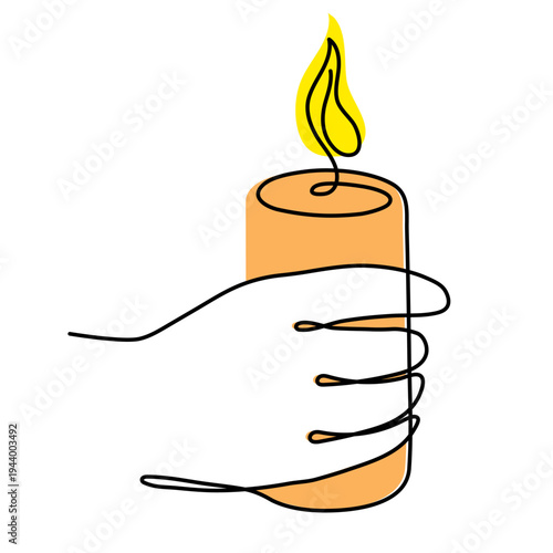 Hand holding burning candle one line art line, hand drawn human palms with flame memorial memory continuous contour, blackout time candlelight for power outage romantic dinner. Editable stroke.