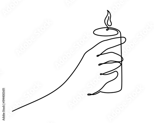 Hand holding burning candle one line art line, hand drawn human palms with flame memorial memory continuous contour, blackout time candlelight for power outage romantic dinner. Editable stroke.