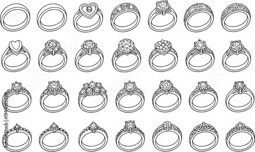 Elegant Vector Line Art Collection of Thirty Wedding and Engagement Ring Designs for Bridal Jewelry Illustration