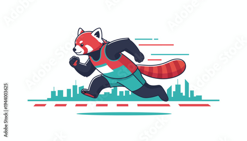 Energetic red panda athlete sprinting through a stylized cityscape, showcasing dynamic movement and determination in a vibrant cartoon illustration, symbolizing speed and healthy lifestyle