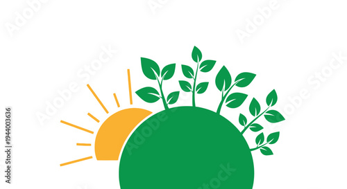 Green sprouts growing on a hill with the sun rising.