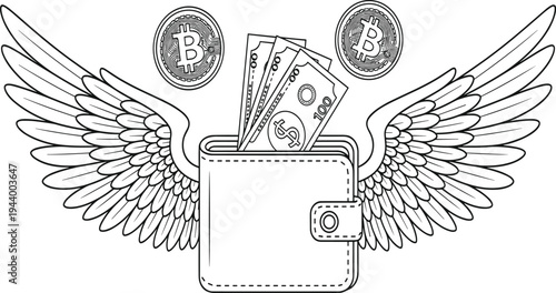 Flying Wallet with Wings and Bitcoin Coins, Illustration of Digital Currency and Financial Wealth Concep
