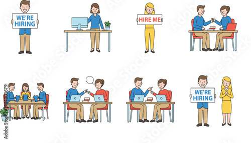 Group of diverse business people holding We Are Hiring signs and having job interview discussions in modern office interior.