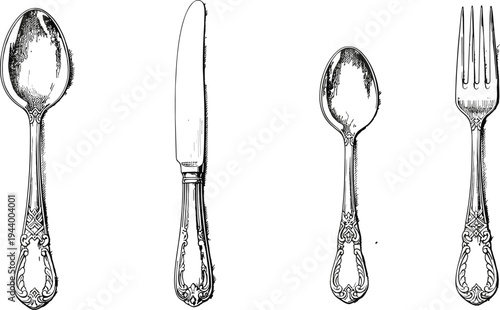 Set of Four Black and White Line Art Dining Utensils Including Spoon Knife Ladle and Fork Illustration