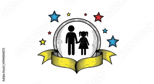 Black silhouettes of man and child.