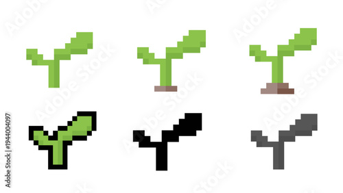 Diverse pixel art sprout icons showcasing various growth stages and color variations, perfect for retro game development, digital interfaces, and nature-themed graphic design projects