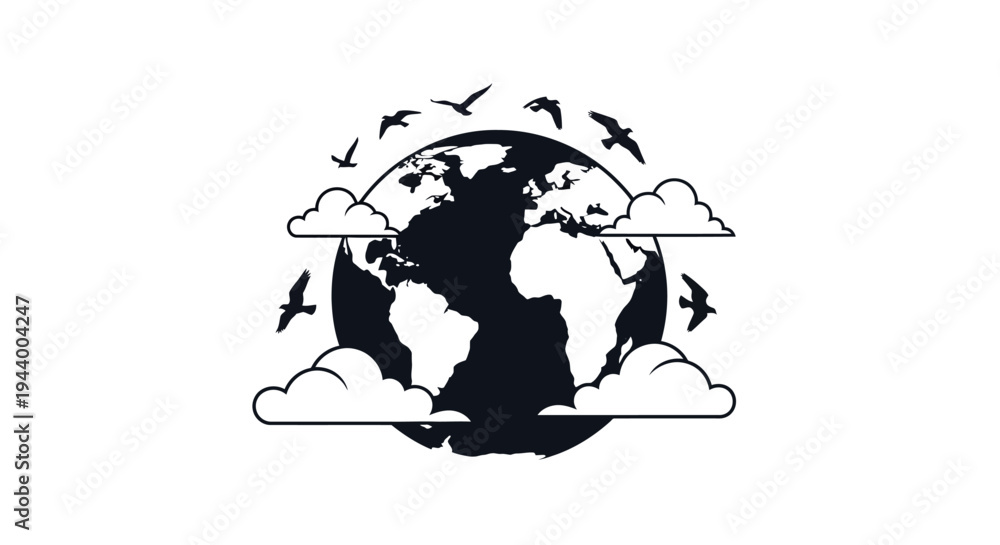 Fototapeta premium Earth globe with birds and clouds illustration.