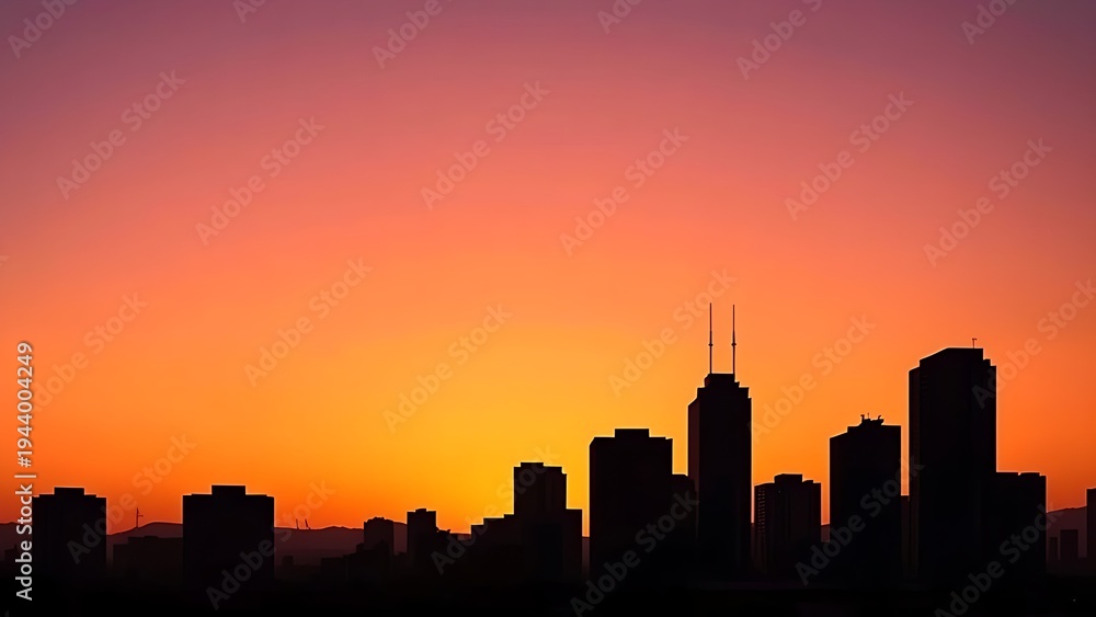 Naklejka premium simplified. City silhouette at dusk with geometric buildings against a gradient sunset sky. inspiring travel planning.