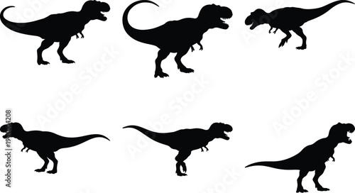 A diverse array of powerful Tyrannosaurus Rex silhouettes, showcasing different movements and aggressive postures from the ancient Jurassic period, perfect for educational content.