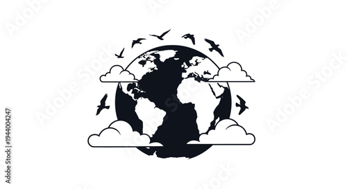 Earth globe with birds and clouds illustration.