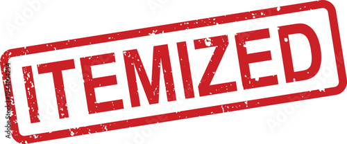 A distressed red rubber stamp featuring the prominent word itemized against a clean white backdrop