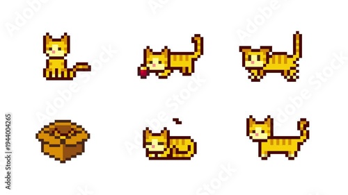 8-bit pixel art yellow cat various action. looped animation 4k 30fps