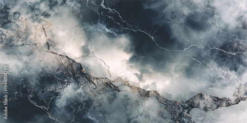 A dark stormy sky with white clouds hangs over motion blurred waves on the blue sea under a dramatic moonlit heaven