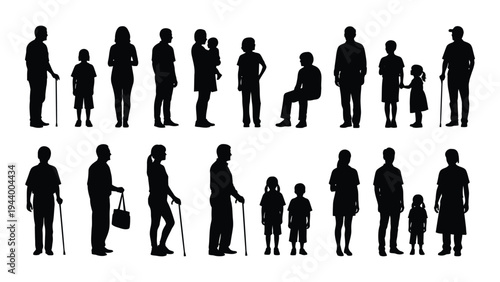 Diverse group of people silhouettes including adults and children with various abilities and professions