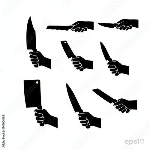 Hand Holding Knife Vector Set Kitchen Cooking Hand Gesture Illustrations