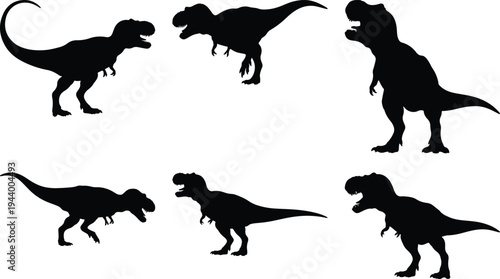 Tyrannosaurus Rex dinosaur silhouettes in various powerful poses, showcasing the iconic prehistoric predator. Isolated vector on white, ideal for educational and design projects.