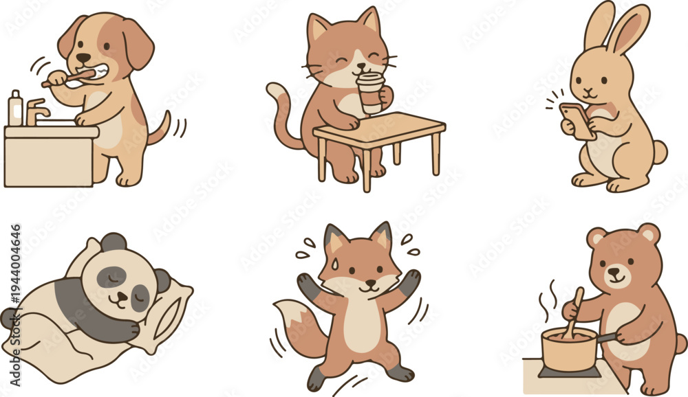 Fototapeta premium Daily Routine Animals Brushing Teeth Sleeping and Cooking 