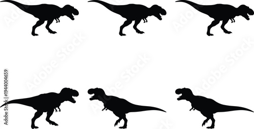 Tyrannosaurus Rex dinosaur silhouettes in various classic poses, highlighting the iconic prehistoric predator. Isolated vector on white, excellent for educational materials and design projects.