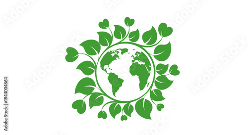 Green leaves around the world globe.