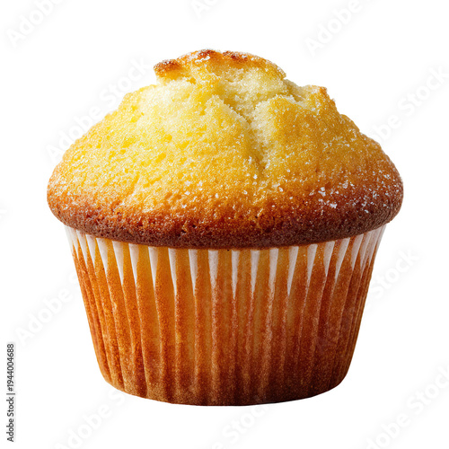 A delicious yellow cupcake with a golden brown wrapper on a white background isolated on transparent background