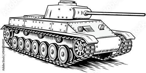 Heavy Armored Battle Tank Vector - Military Combat Vehicle Line Art Illustration