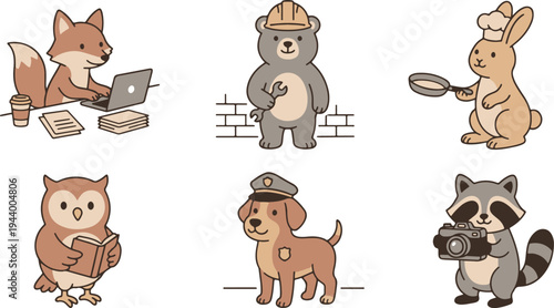 Animal Career Mascots with Builder Chef and Police Dog
