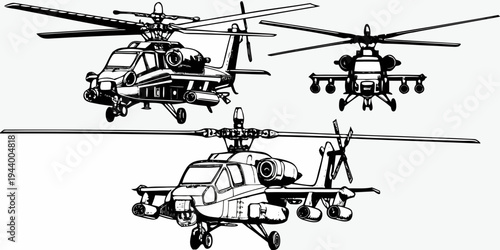 Military Attack Helicopter Vector Set - Gunship Aircraft Line Art Illustration