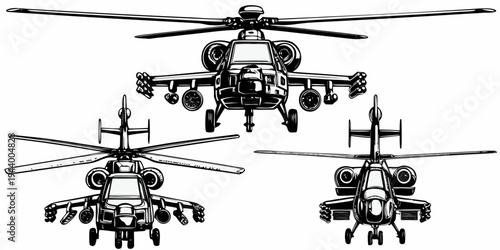 Military Attack Helicopter Fleet Vector - Heavy Gunship Aircraft Front View Illustration