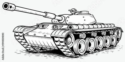 Heavy Armored Battle Tank Vector - Military Combat Vehicle Line Art Illustration