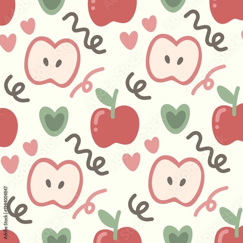 Cute Apple and Heart Seamless Pattern Cartoon Fruit Doodle Background for Kids Textile and Wrapping Paper 