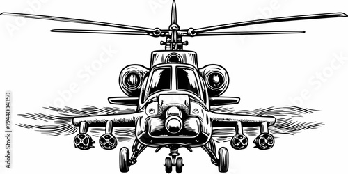Military Attack Helicopter Vector - Heavy Gunship Aircraft Front View Illustration