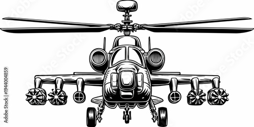 Military Attack Helicopter Vector Illustration - Heavy Gunship Aircraft Front View