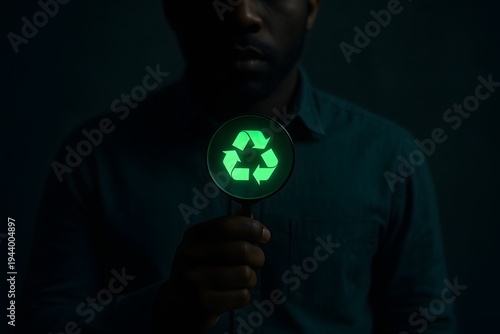 Person in a dark setting holds a magnifying glass prominently displaying a vivid green glowing recycle symbol, emphasizing a deep focus on environmental sustainability and eco-friendly practices.
