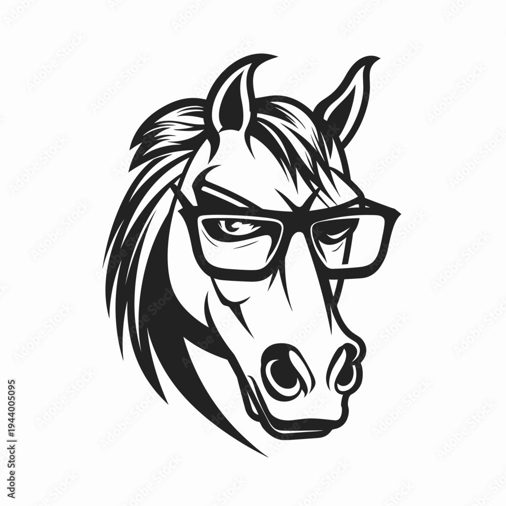 Fototapeta premium Smart horse head wearing glasses vector illustration on white background