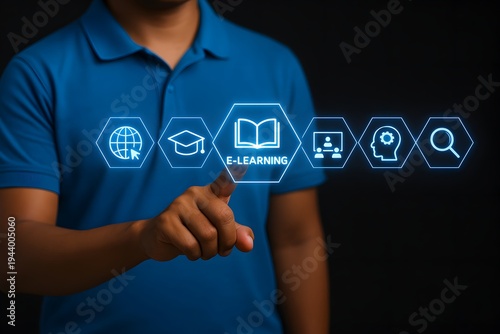 Person in a blue polo shirt points to a holographic 