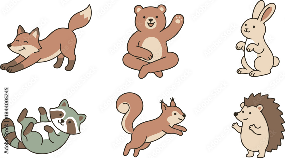 Fototapeta premium Playful Forest Animals Poses with Bear Fox and Raccoon 