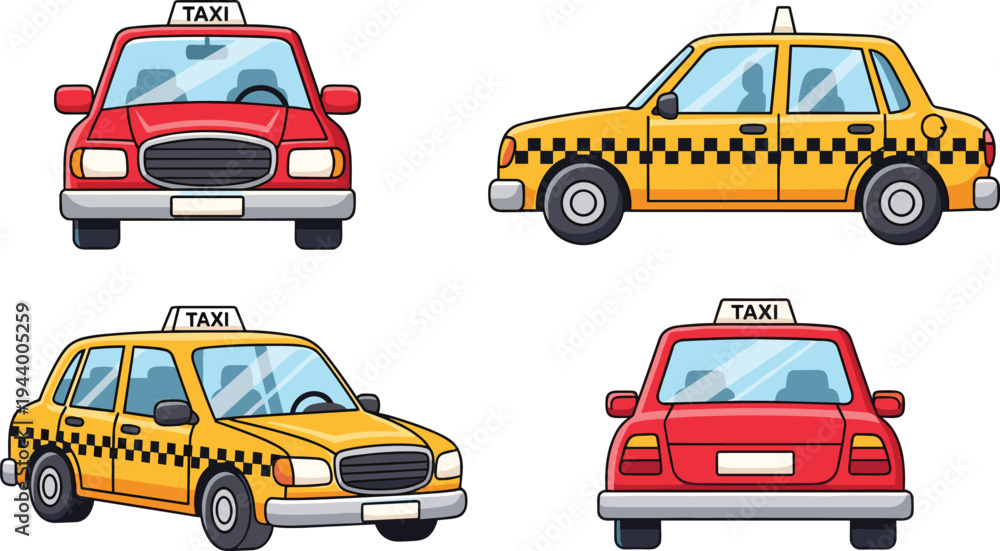 Naklejka premium Vector illustration of cartoon taxi cars in red and yellow designs with roof signs shown from multiple perspectives for transport artwork
