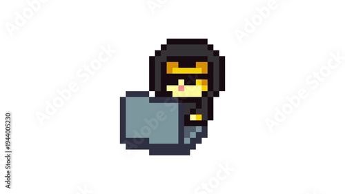 8-bit pixel art hoodie sunglasses hacker cat working on a laptop set. looped animation 4k 30fps