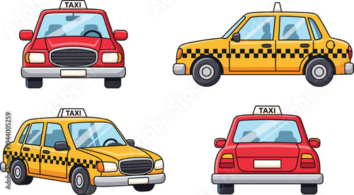 Vector illustration of cartoon taxi cars in red and yellow designs with roof signs shown from multiple perspectives for transport artwork