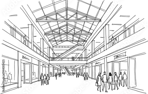 Modern retail atrium sketch featuring a multi-level shopping mall layout, industrial truss ceiling, escalators, and a busy pedestrian concourse.