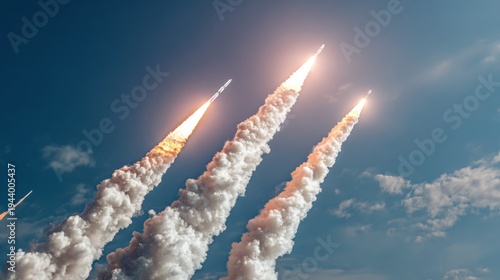 Rocket Launch with Multiple Boosters in Blue Sky
