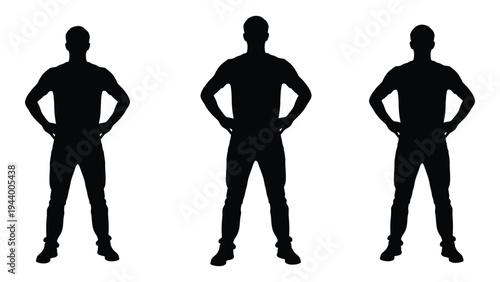 A detailed analysis of three confident male silhouettes standing in a row with hands on hips, showcasing a sense of unity and solidarity in a minimalist and modern style