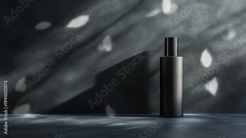 Minimal Black Bottle on Table with Dramatic Shadows – Elegant Cosmetic Product Display 4K