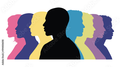 Diversity and inclusion concept with colorful silhouettes representing unity and individuality in a multicultural society