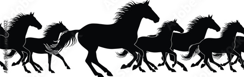 Black Horse Silhouette Vector Set, Running Wild Equine Illustrations, Galloping Stallion Stampede Isolated on White Background, Powerful Animal Herd Graphics for Design (21 words)