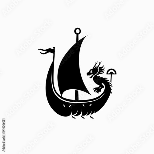 Stylized black viking ship with dragon vector illustration on white background