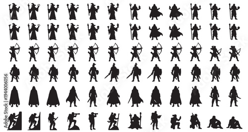 Fantasy Characters Silhouette Set Pack. Editable Vector Illustration. featuring fantasy, character, silhouette, vector, illustration, graphic, design, pose, grid, studio, wizard, archer, knight more