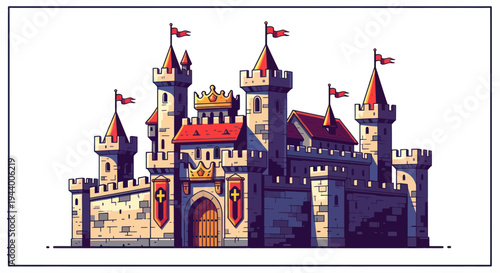 Fairytale Castle Illustration, Medieval Fortress with Flags and Crown