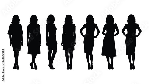 Silhouette of seven women in various poses and dresses on white background for fashion illustration and design